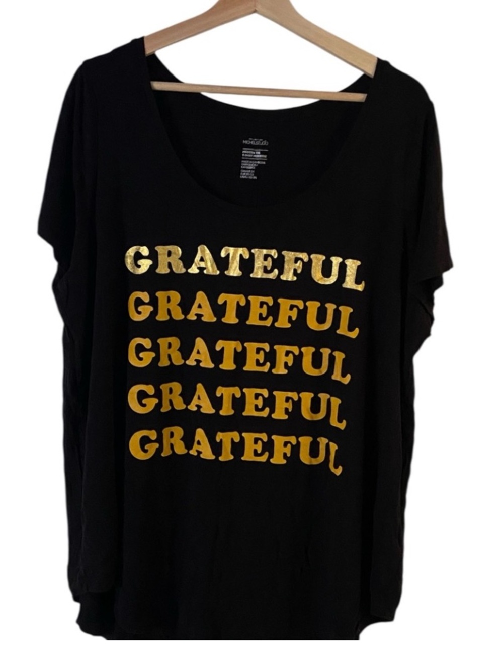 Michel Studio Black Scoop Neck Tee with Gold 'GRATEFUL' Print!  Size 2X